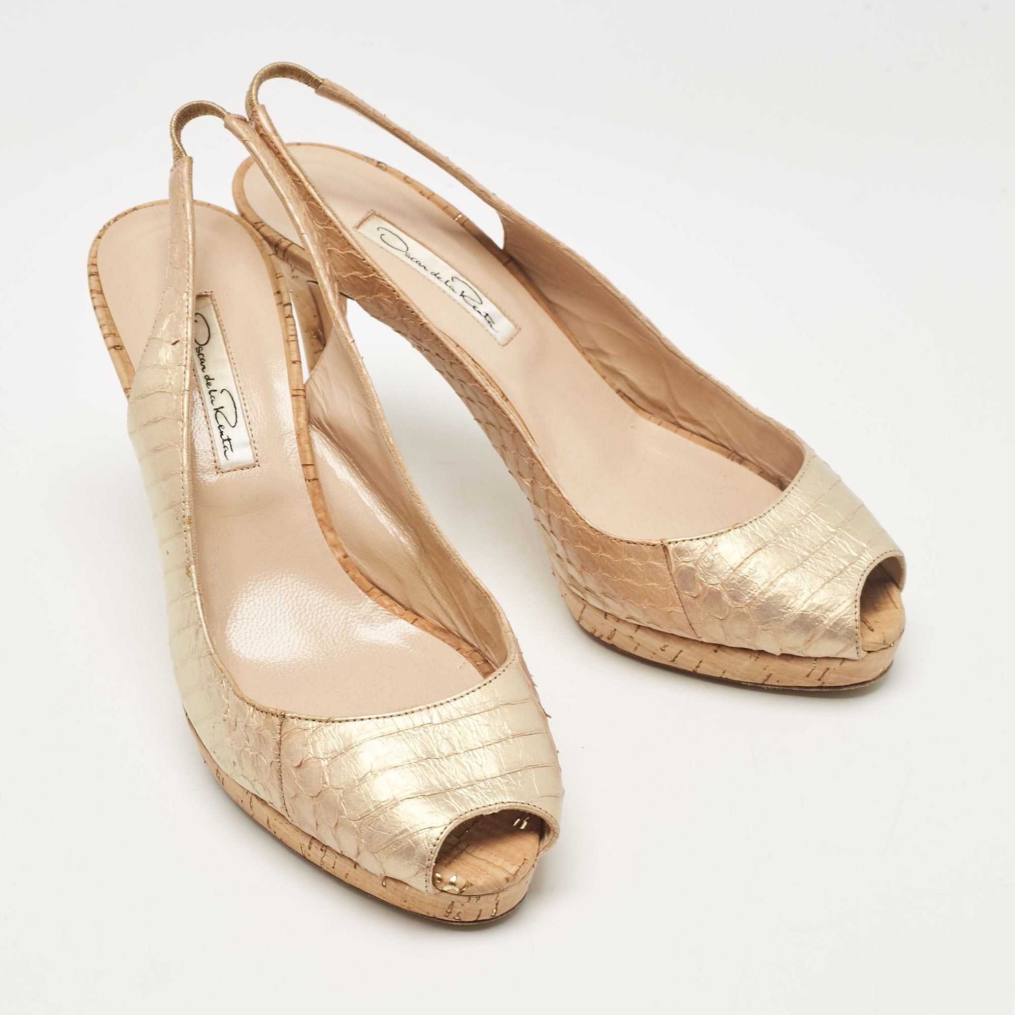 Oscar De La Renta Gold Python Embossed Leather Peep Toe Pumps Size 38