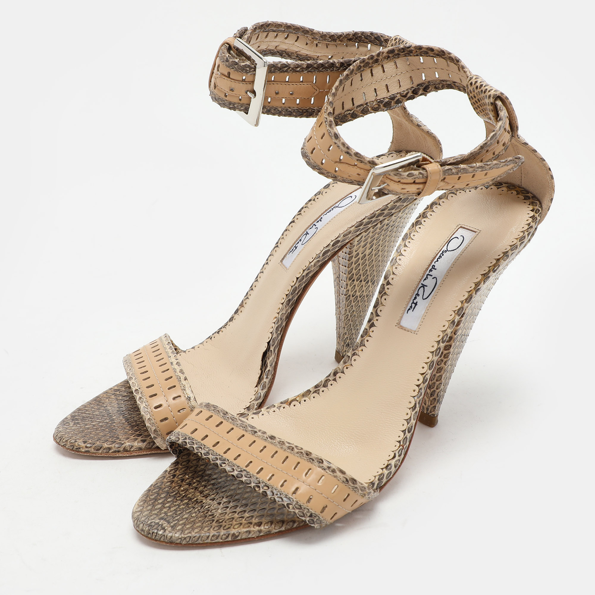 Oscar De La Renta Beige/Brown Snakeskin Ankle Strap Sandals Size 37.5