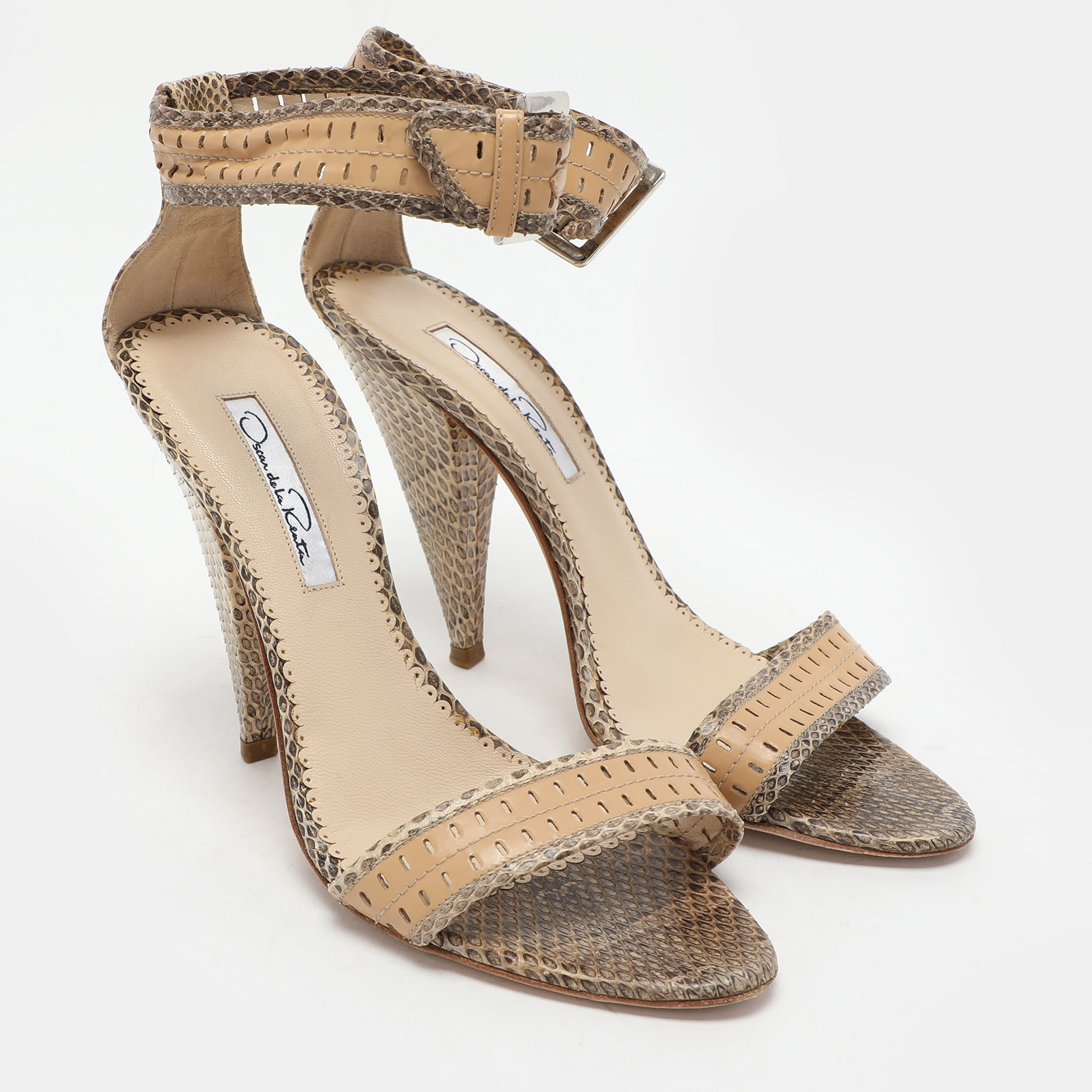 Oscar De La Renta Beige/Brown Snakeskin Ankle Strap Sandals Size 37.5