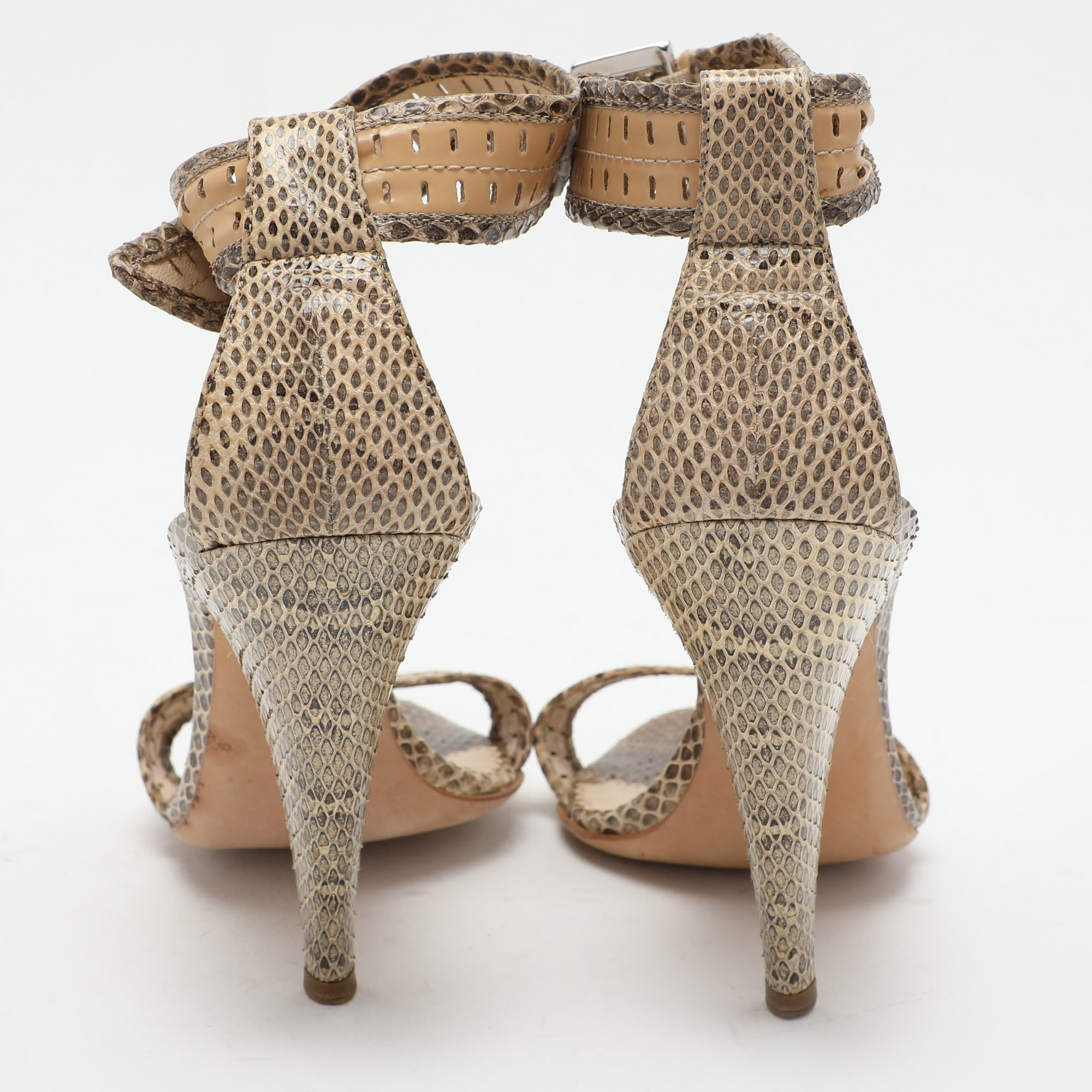 Oscar De La Renta Beige/Brown Snakeskin Ankle Strap Sandals Size 37.5