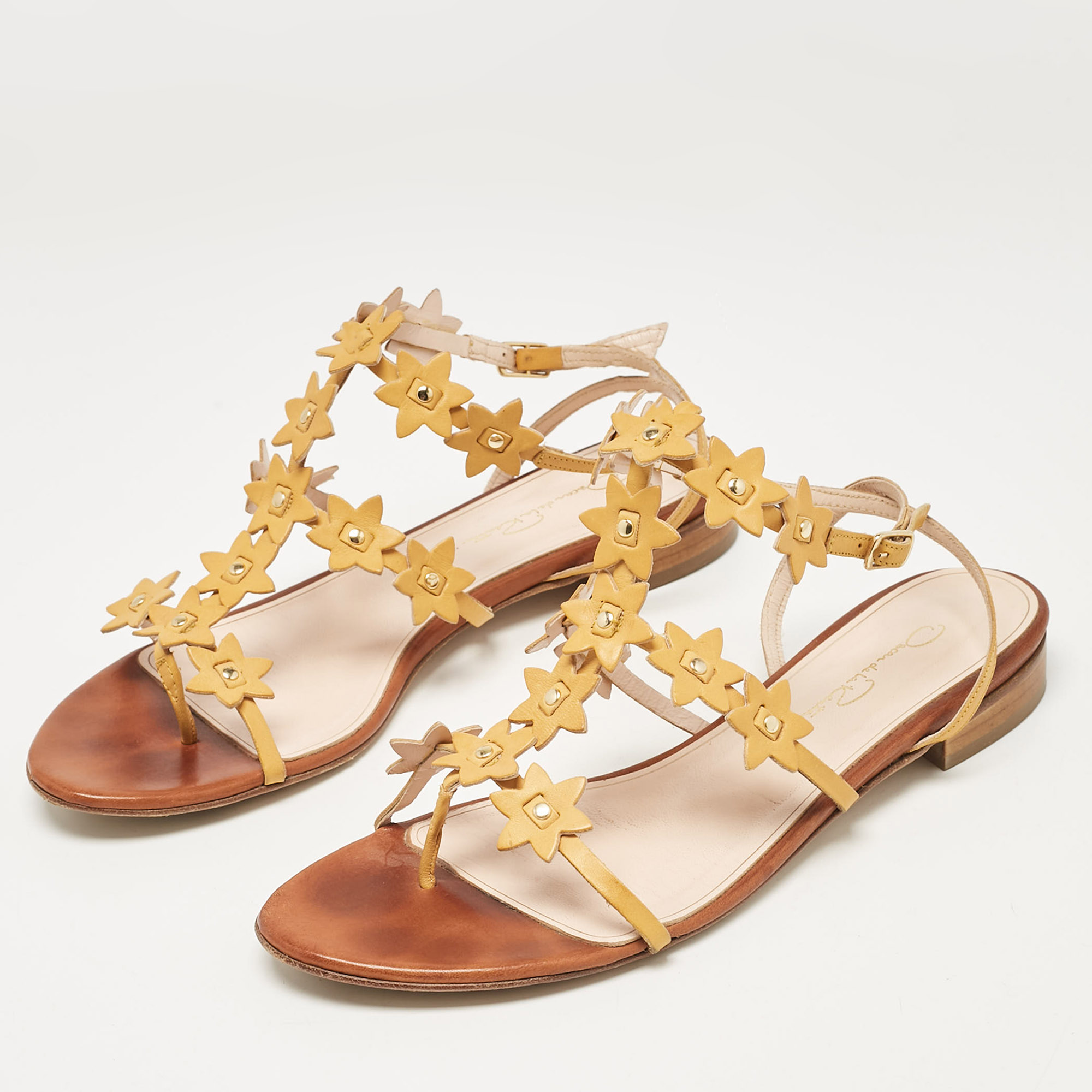 Oscar De La Renta Yellow Floral Jenisa Flat Sandals Size 40