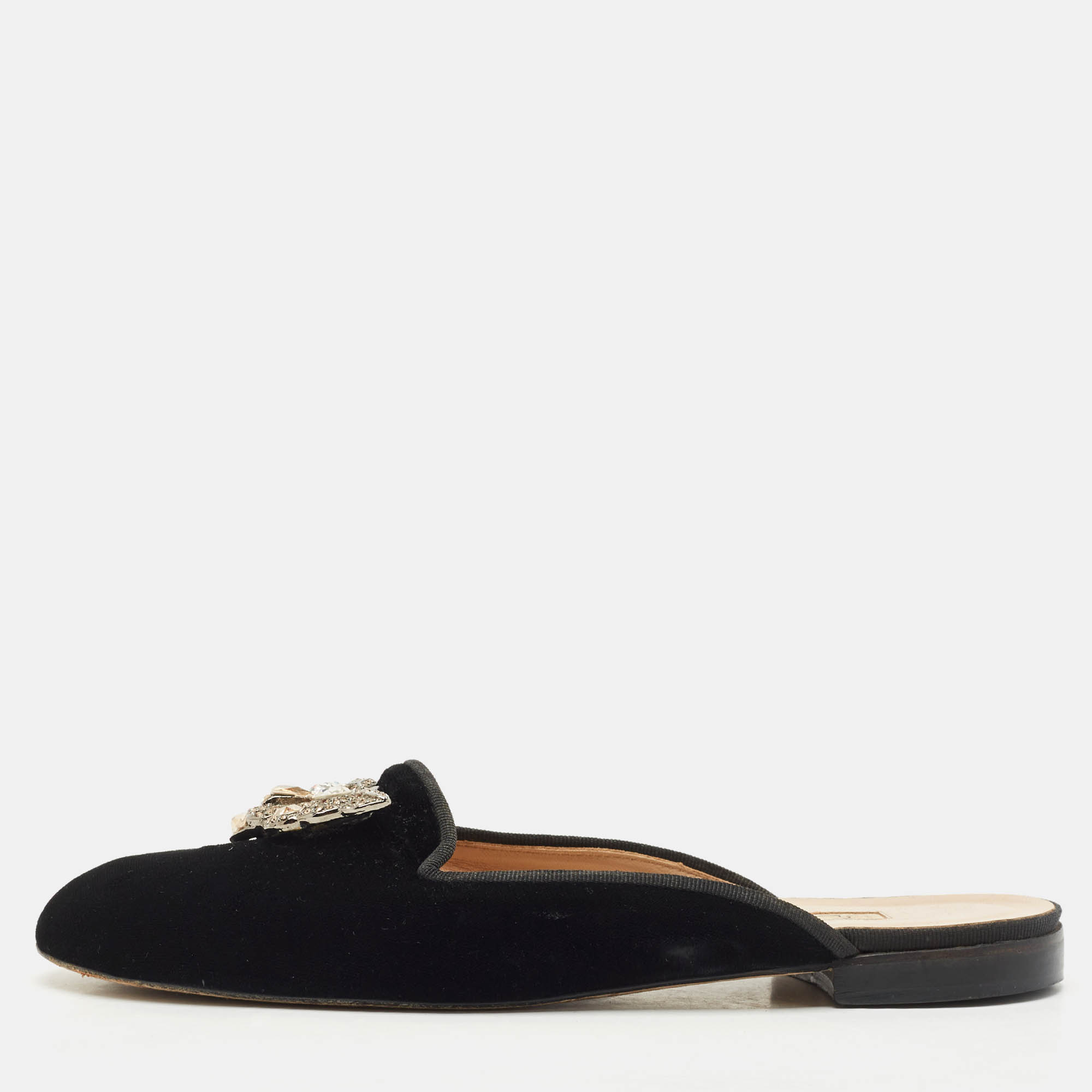 Oscar de la Renta Black Velvet Crystals Embellished Flat Mules Size 41 - Oscar de la Renta - Modalova