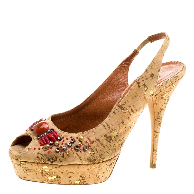 Image of Oscar De La Renta Light Brown Leather Embellished Slingback Platform Sandals Size