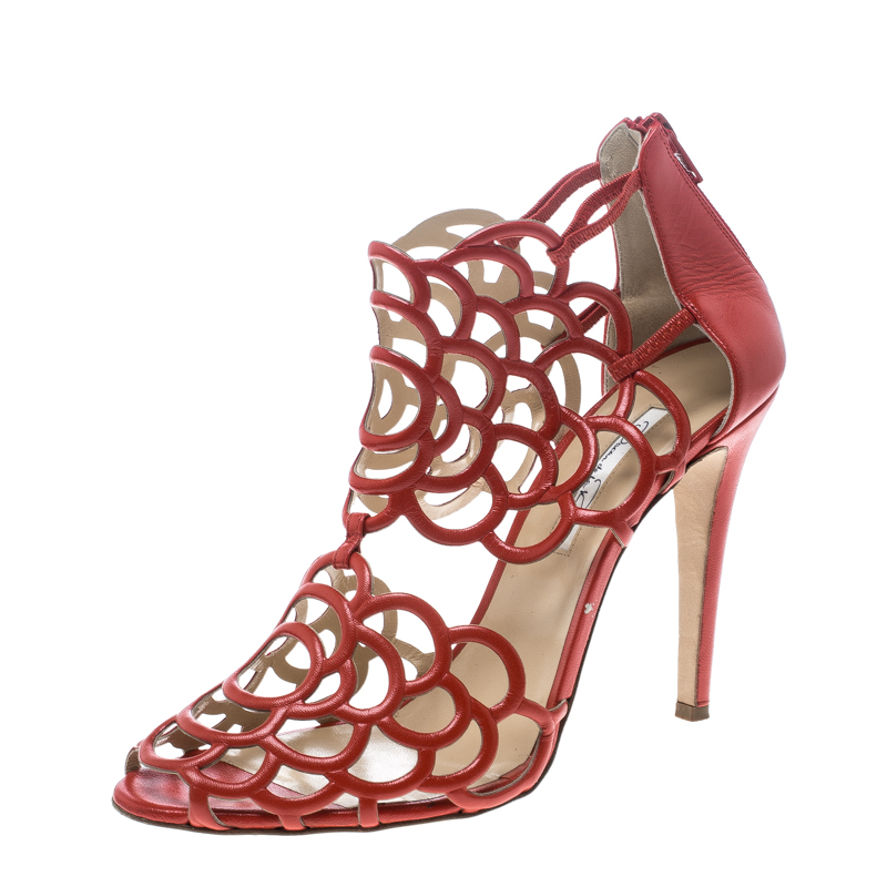 Image of Oscar de la Renta Orange Leather Gladia Cutout Sandals Size .
