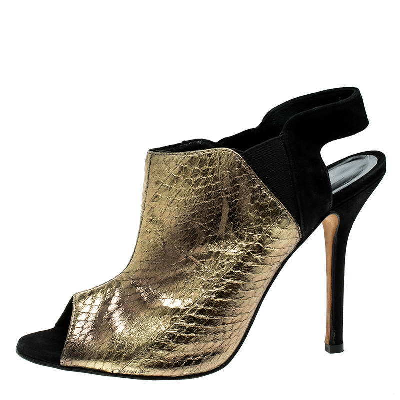 Oscar de la Renta Metallic Gold Embossed Elaphe Leather Penelope Peep Toe Sandals Size 39