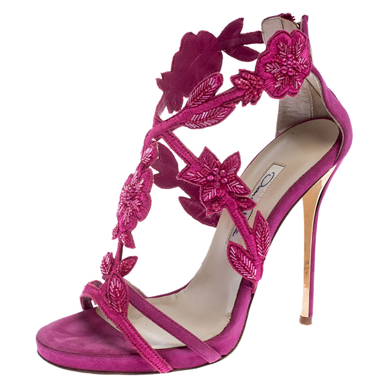 Image of Oscar de la Renta Pink Suede Tatum Embellished T-Strap Sandals Size