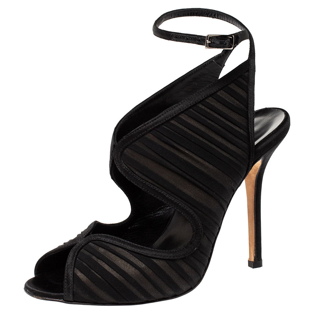 Image of Oscar de la Renta Black Satin and Fabric Suzy Ankle Strap Sandals Size .