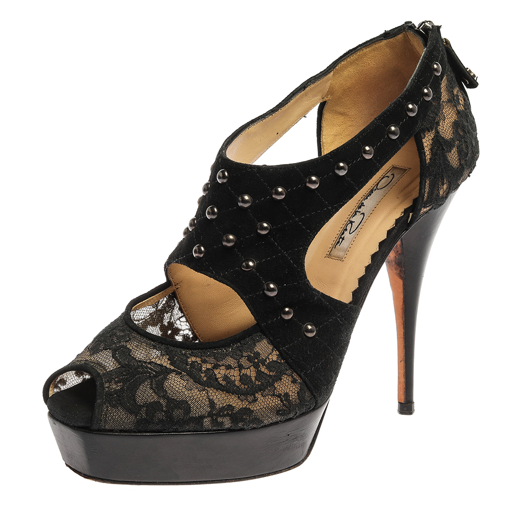 Oscar de la renta black lace and suede platform studded peep toe zipper sandals size 38
