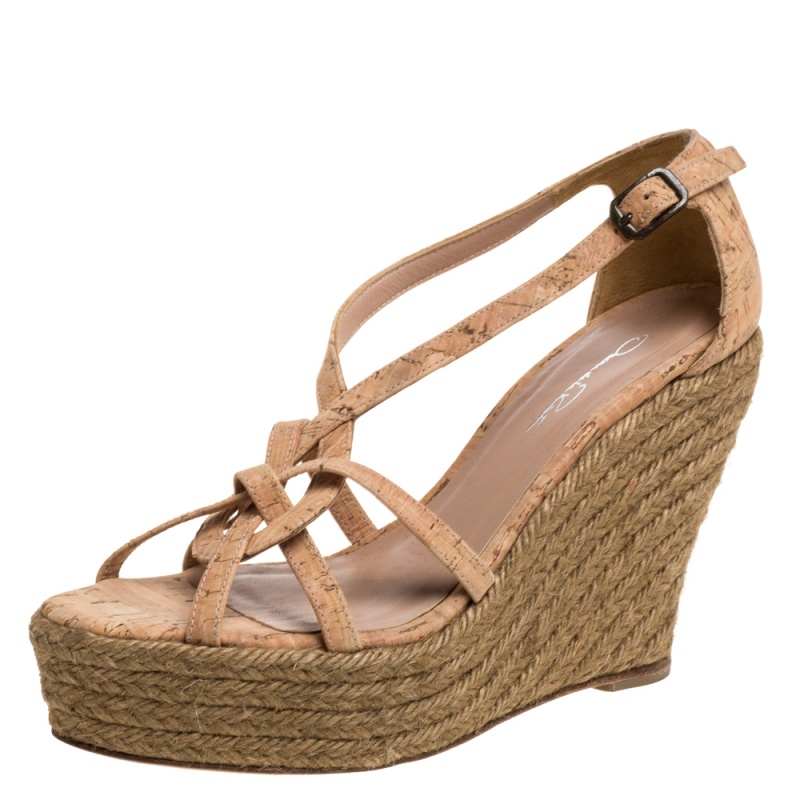 Image of Oscar de la Renta Beige Cork Espadrille Platform Wedge Sandals Size