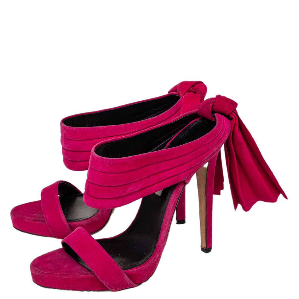 Oscar De La Renta Pink Suede Sandy Bow Detail Sandals Size 38.5