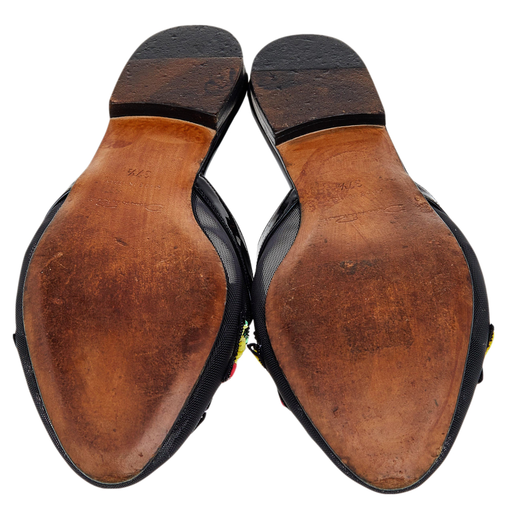 Oscar De La Renta Black Mesh And Patent Leather Embellished Flat Mules Size 37.5