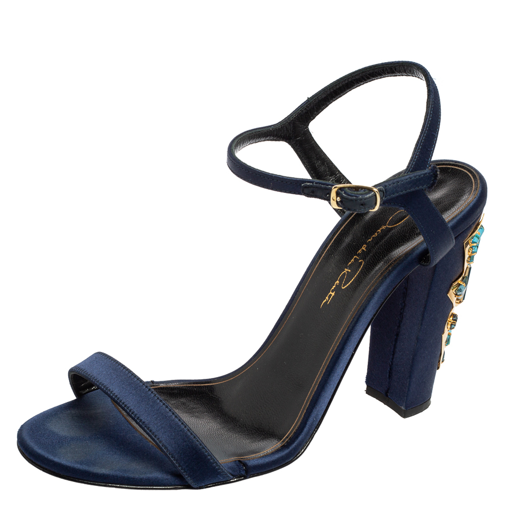 Oscar de la renta navy blue satin lemmy embellished ankle strap sandals size 37.5