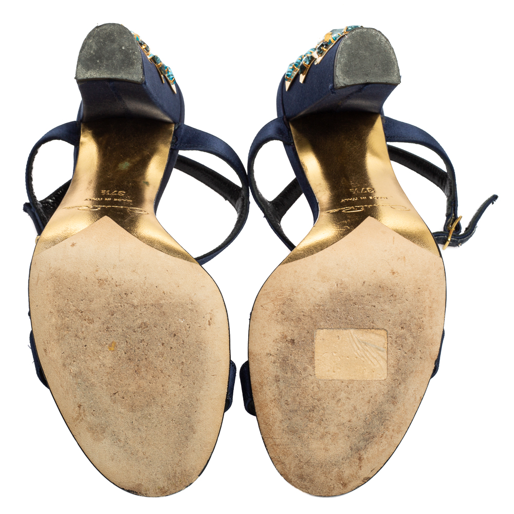 Oscar De La Renta Navy Blue Satin Lemmy Embellished Ankle Strap Sandals Size 37.5