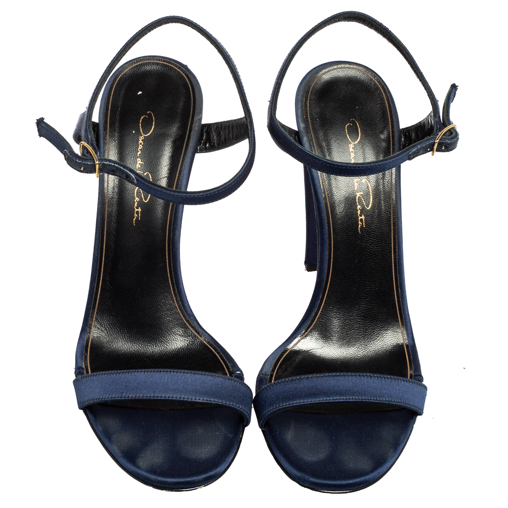 Oscar De La Renta Navy Blue Satin Lemmy Embellished Ankle Strap Sandals Size 37.5