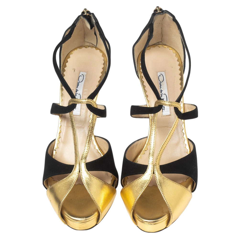 Oscar De La Renta Black/Gold Nubuck And Leather Intertwined Ankle Strap Sandals Size 36
