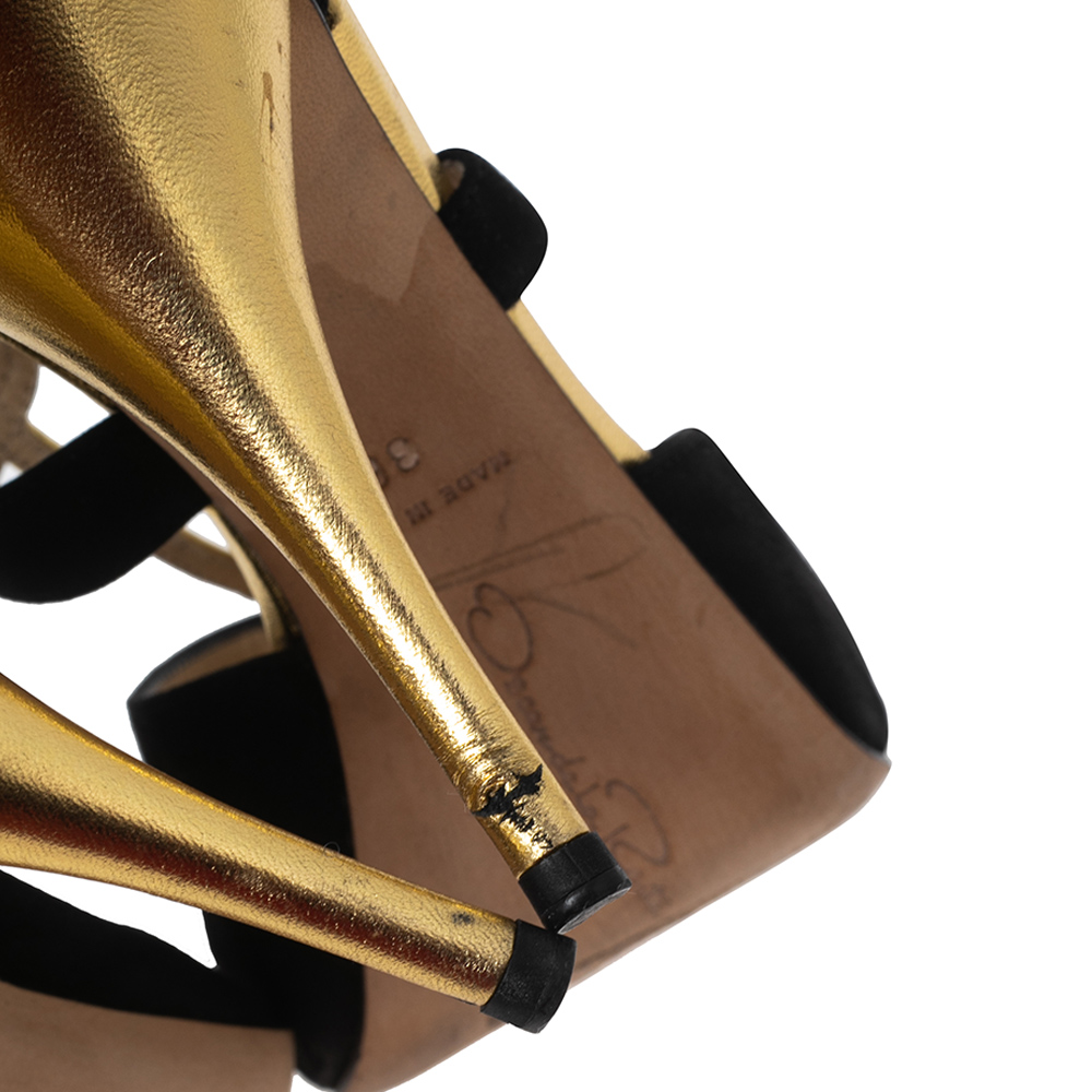 Oscar De La Renta Black/Gold Nubuck And Leather Intertwined Ankle Strap Sandals Size 36