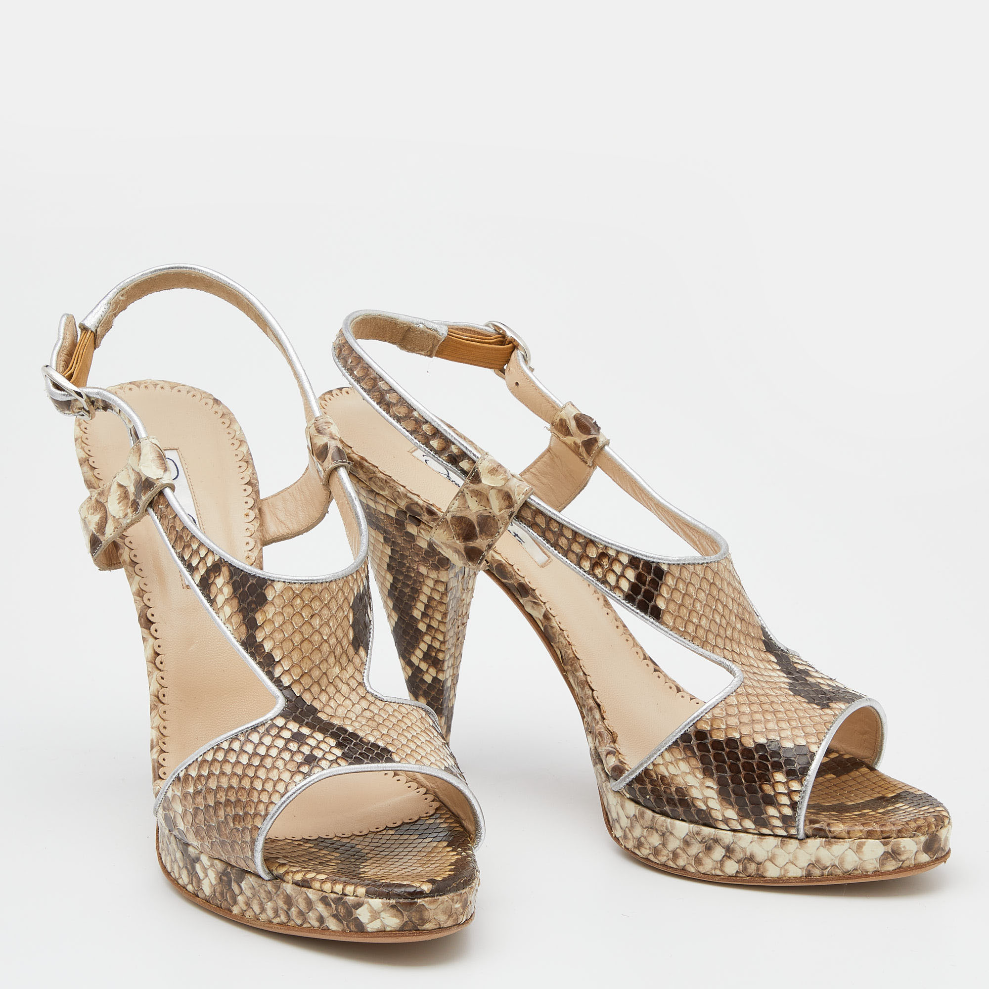 Oscar De La Renta Beige/Brown Python Leather Platform Ankle Strap Sandals Size 40