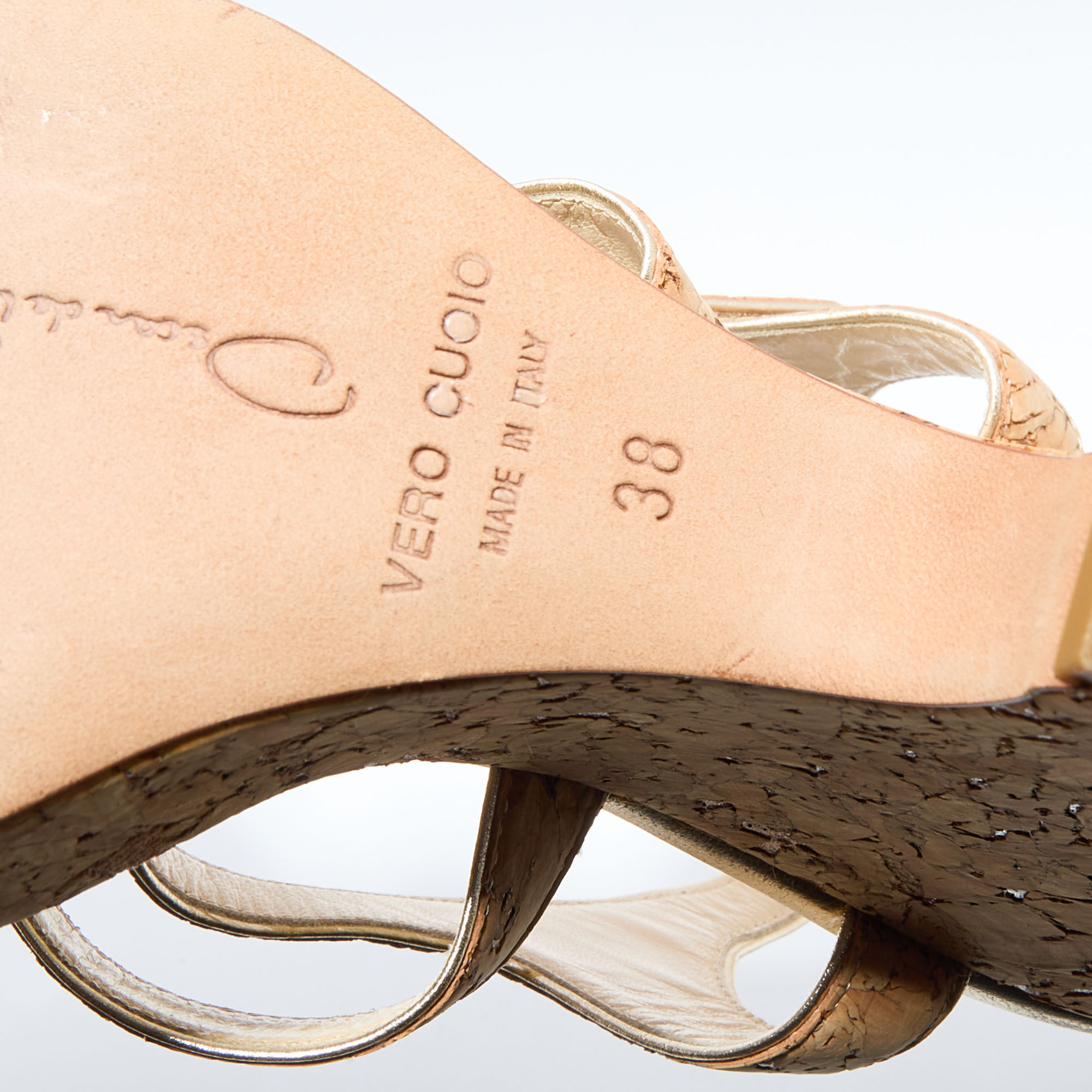 Oscar De La Renta Beige Cork And Leather Trim Wedge Sandals Size 38