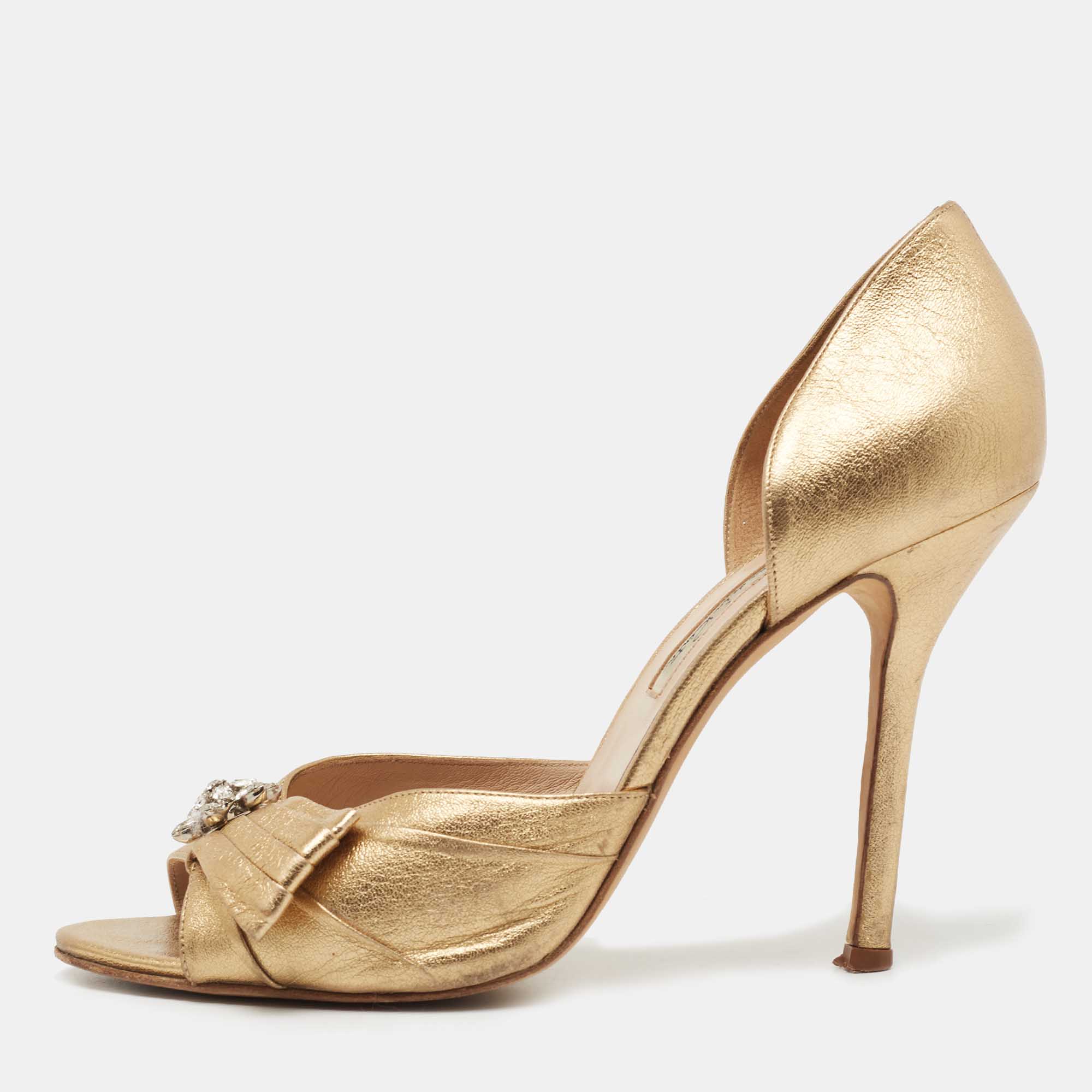 Oscar De La Renta Gold Leather Open Toe D'orsay Pumps Size 39