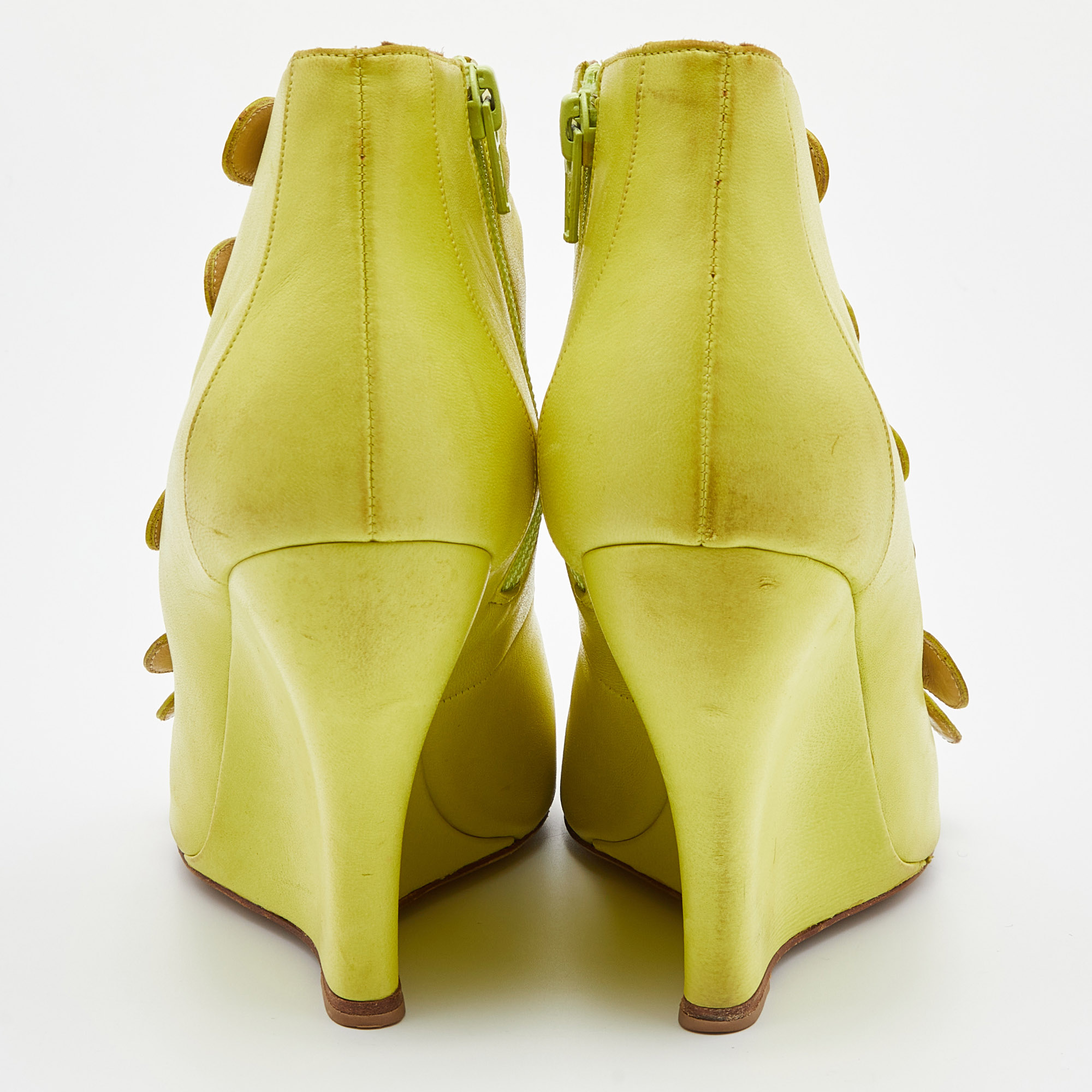 Oscar De La Renta Yellow Leather Caged Ankle Length Wedge Sandals Size 37.5