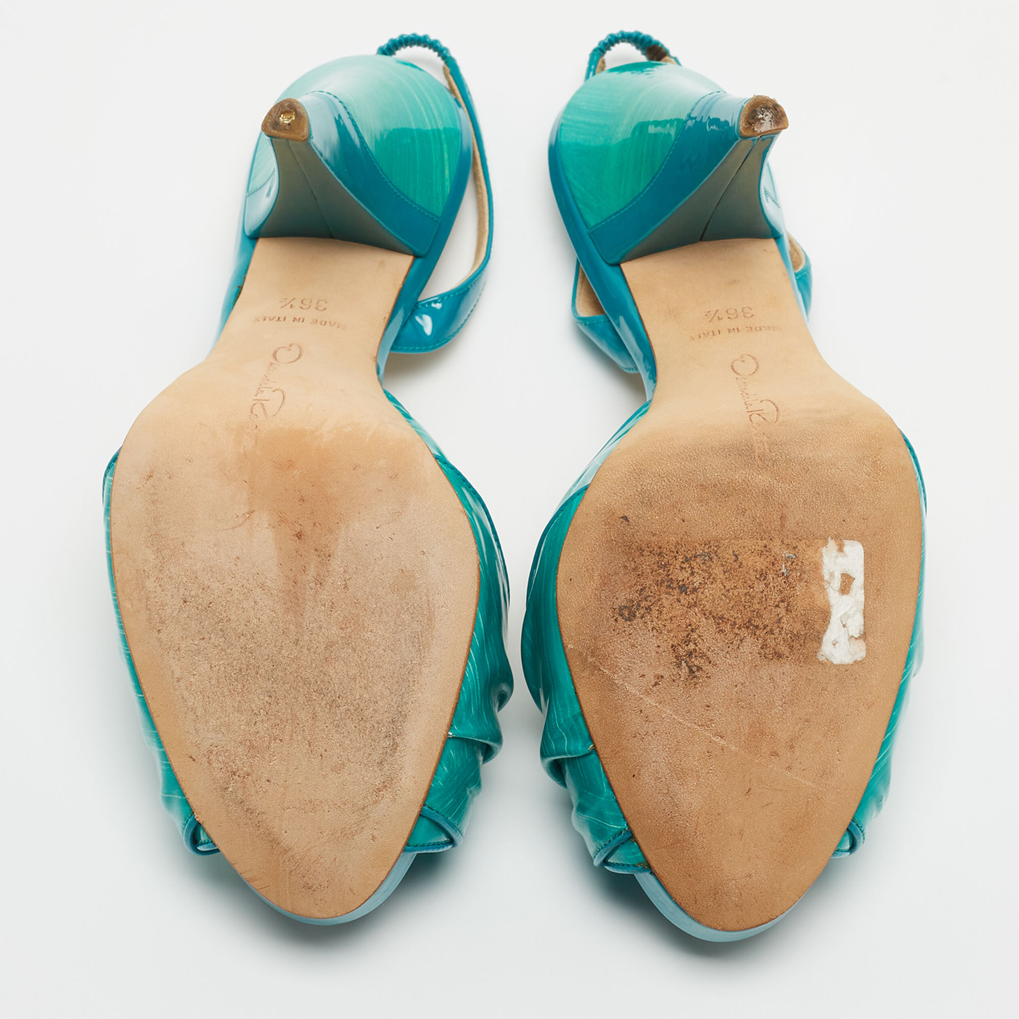 Oscar De La Renta Turquoise Patent Leather Bow Platform Slingback Sandals Size 36.5