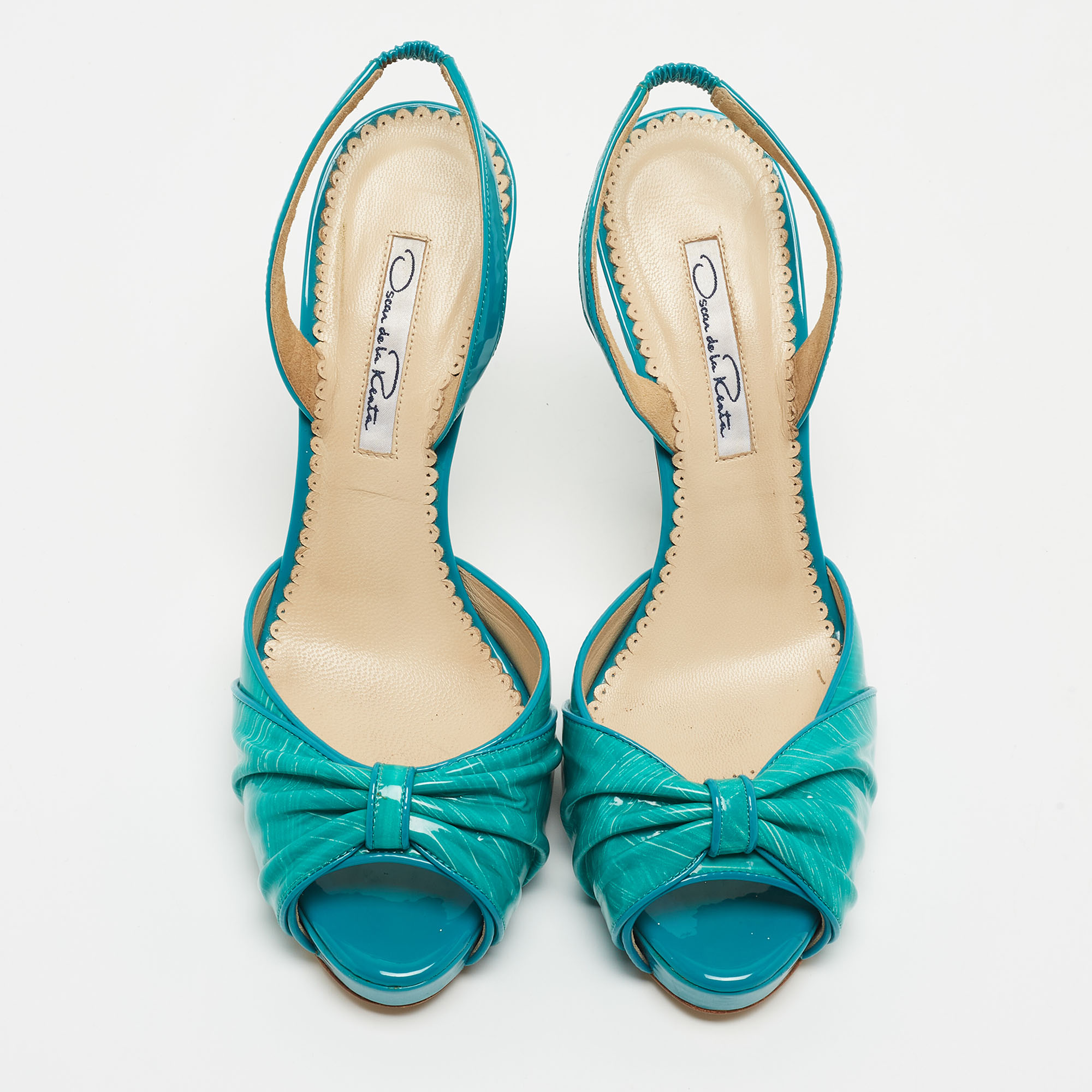 Oscar De La Renta Turquoise Patent Leather Bow Platform Slingback Sandals Size 36.5