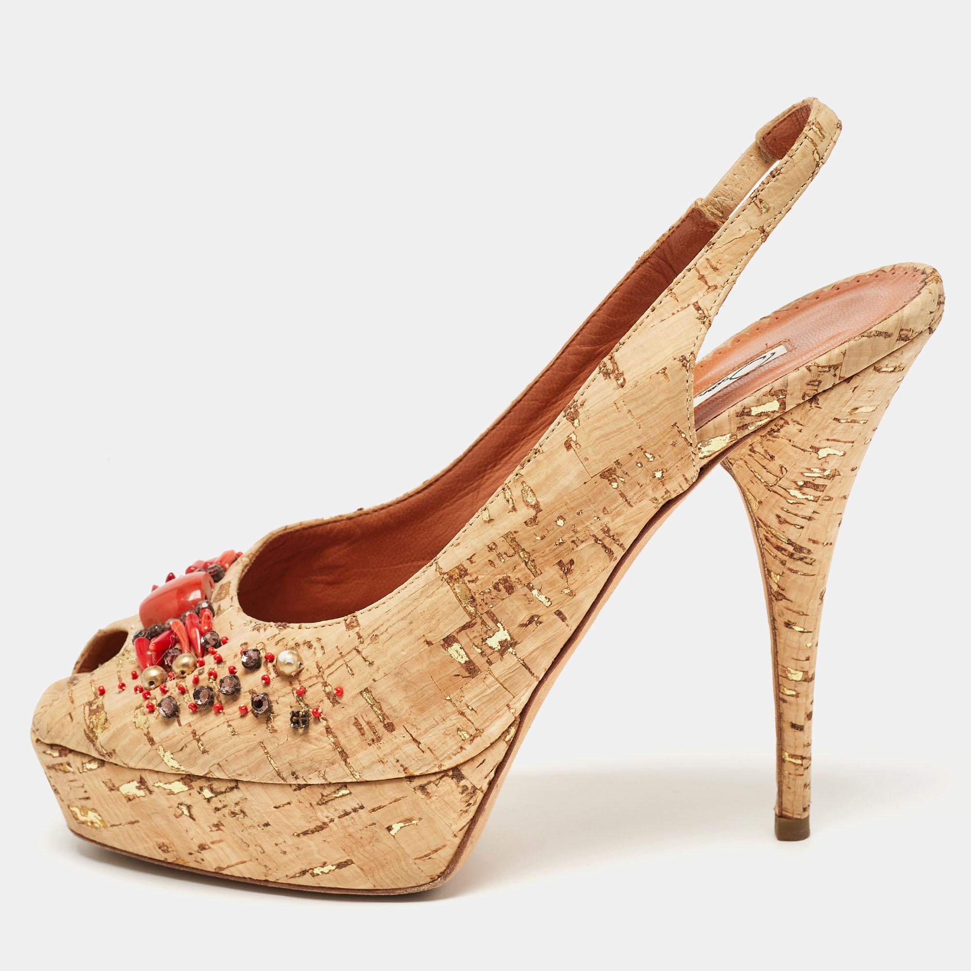 Oscar de la renta brown cork embellished slingback platform pumps size 37.5