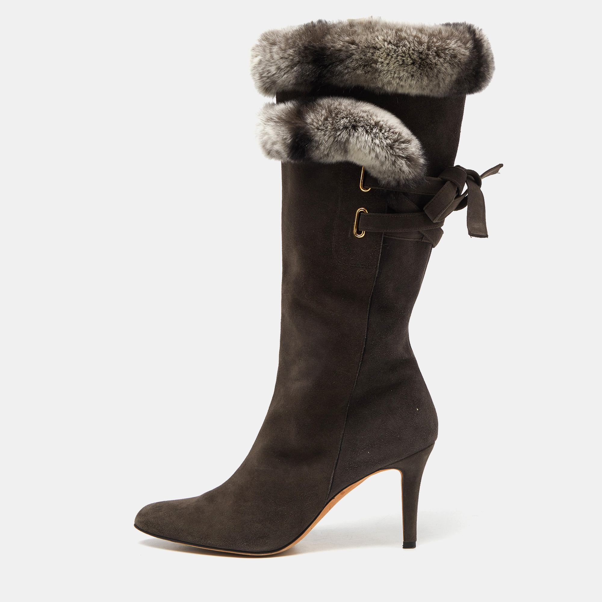 Oscar de la renta dark grey suede and mink fur knee length boots size 39