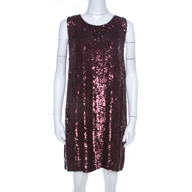 Image of P.A.R.O.S.H. Burgundy Chiffon Sequins Sleeveless Shift Dress L
