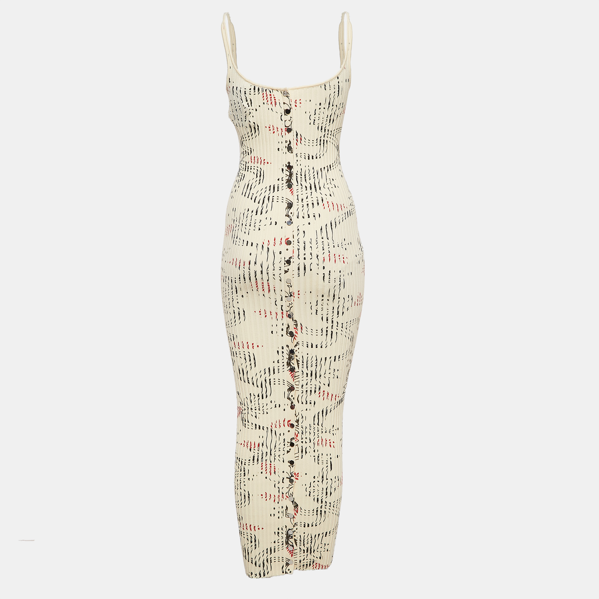 Paco Rabbane Cream Floral Print Rib Knit Midi Dress M