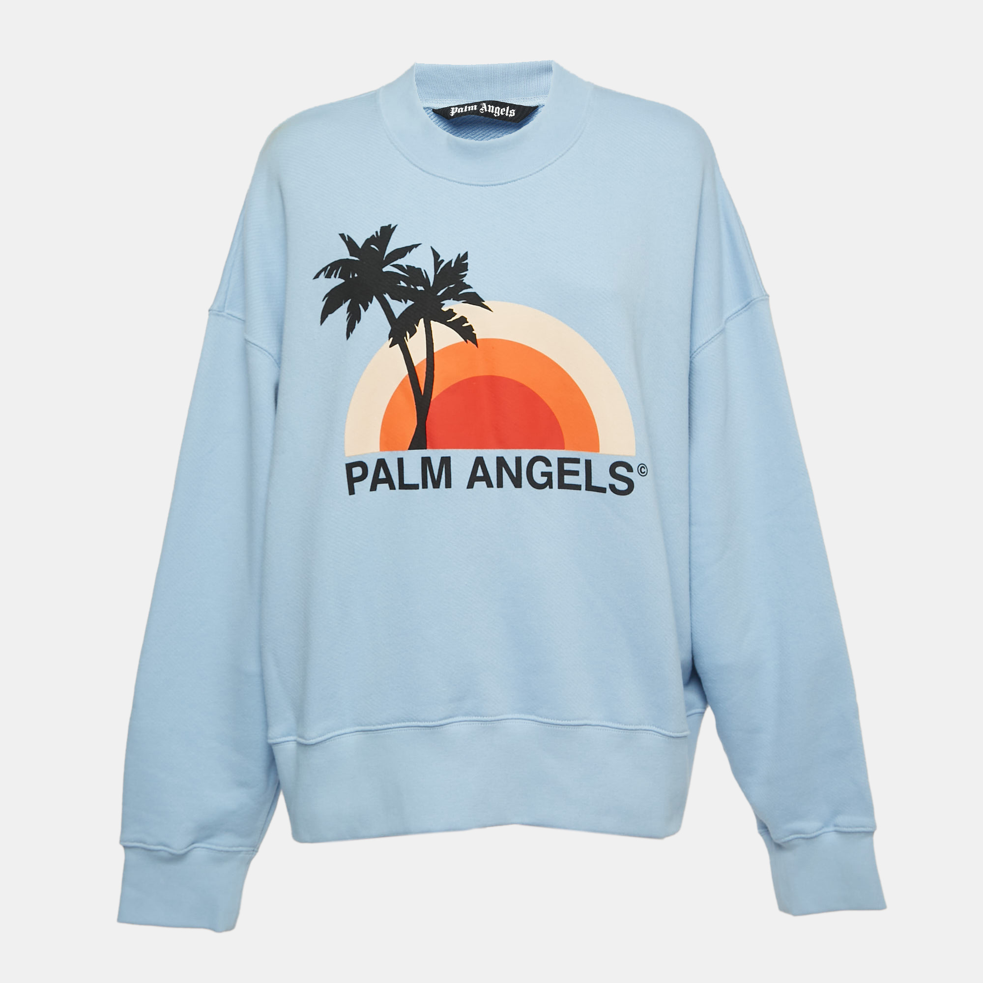 Palm Angels Light Blue Printed Cotton Sweatshirt M