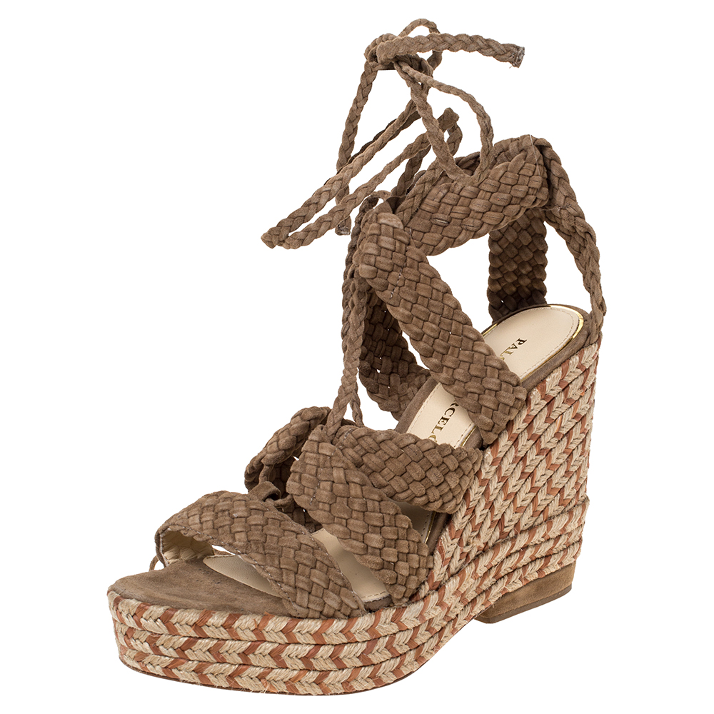 Image of Paloma Barcel&oacute; Beige Woven Suede Ankle Wrap Espadrille Platform Wedge Sandals Size