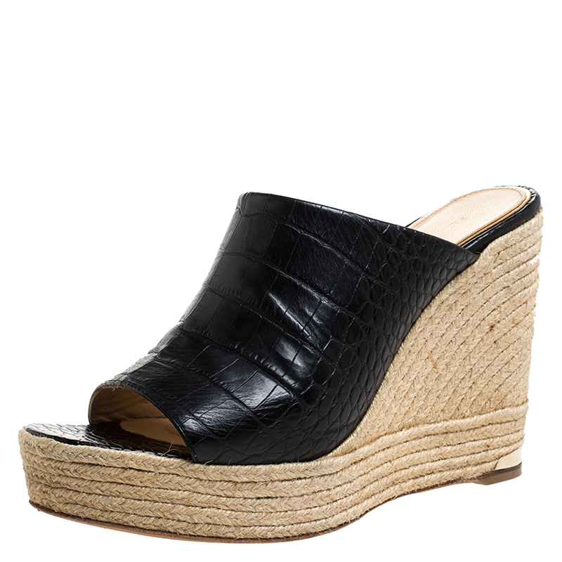 Image of Paloma Barcel&oacute; Black Croc Embossed Leather Espadrille Wedge Sandals Size