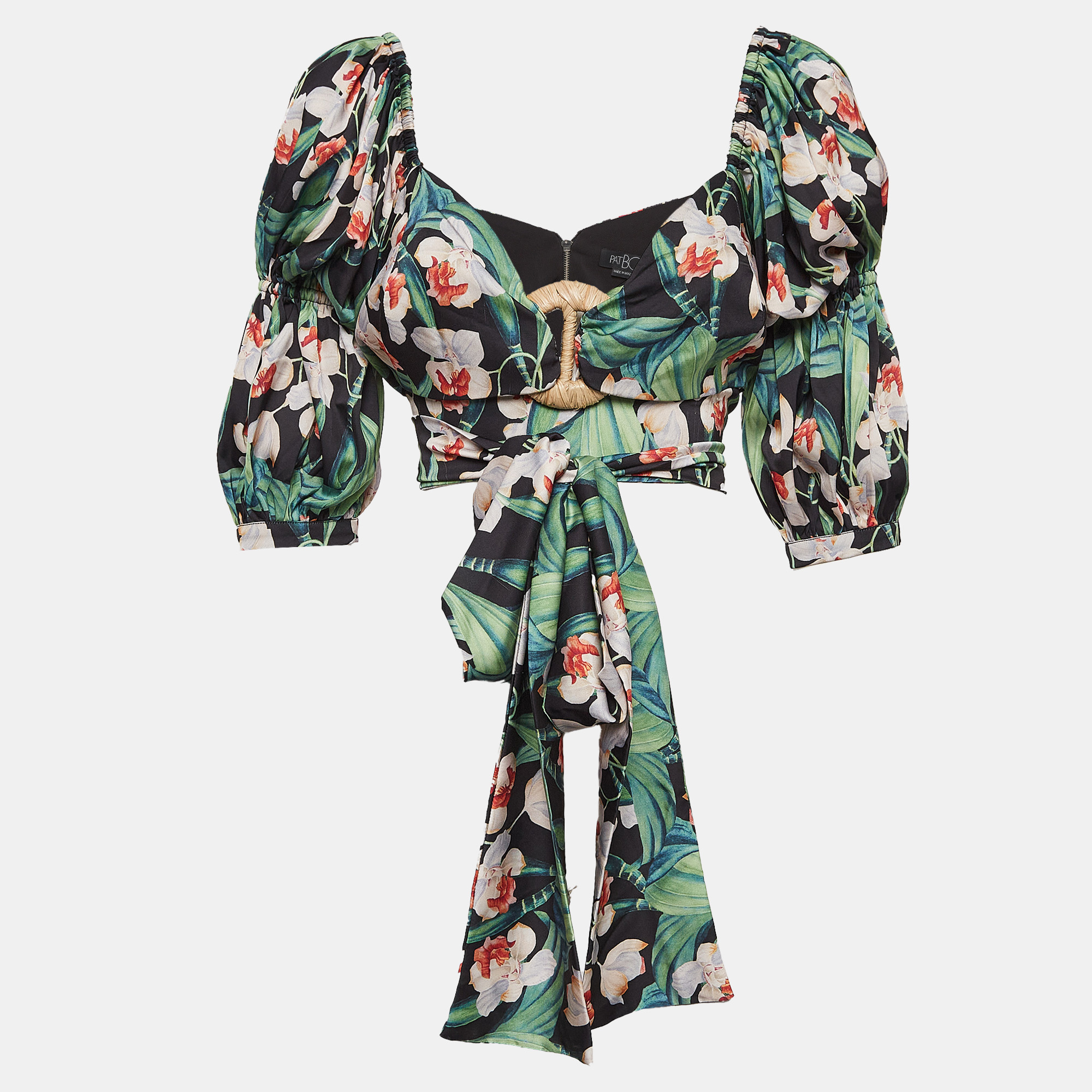 PATBO Green Floral Print Satin Off-Shoulder Tie-Up Top L