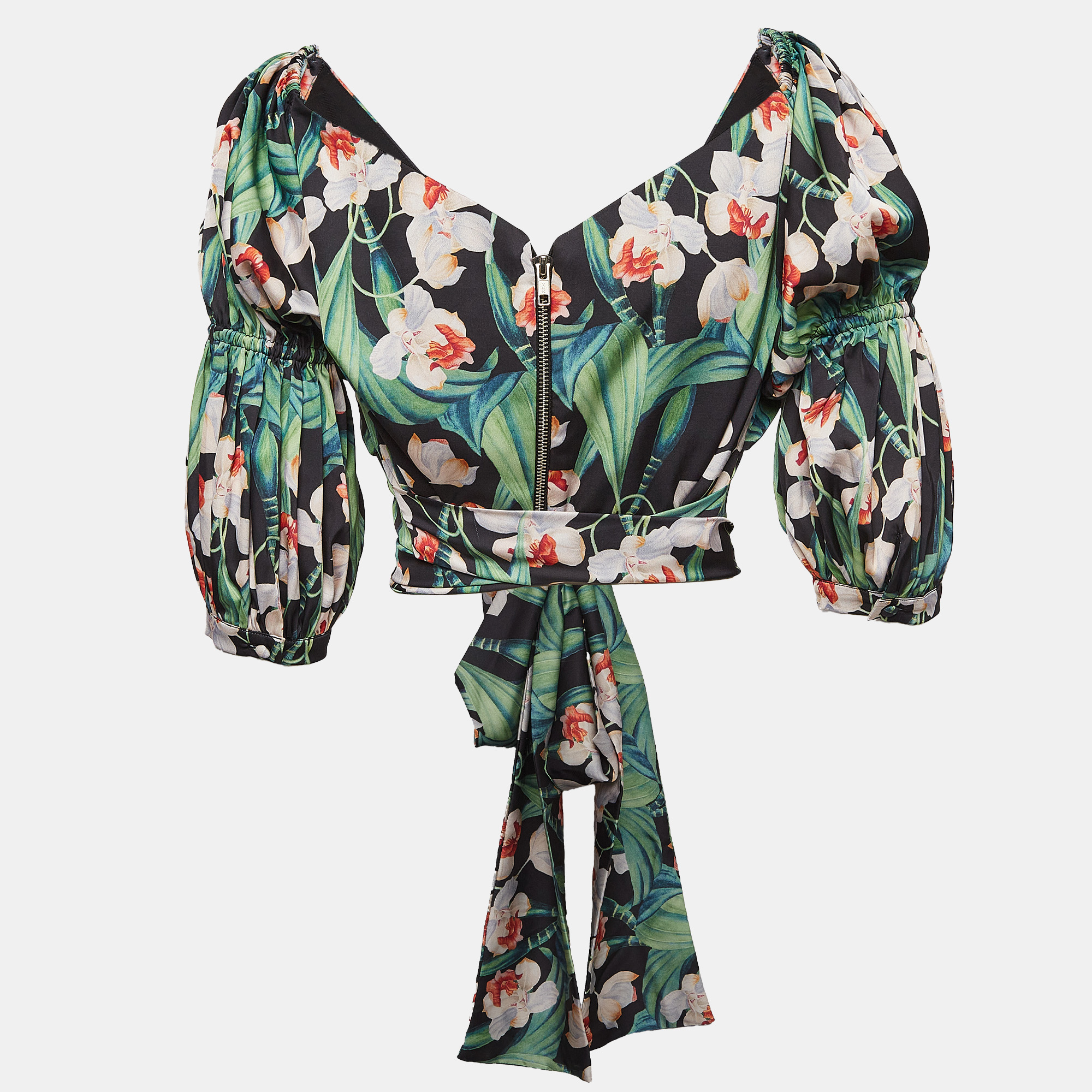 PATBO Green Floral Print Satin Off-Shoulder Tie-Up Top L