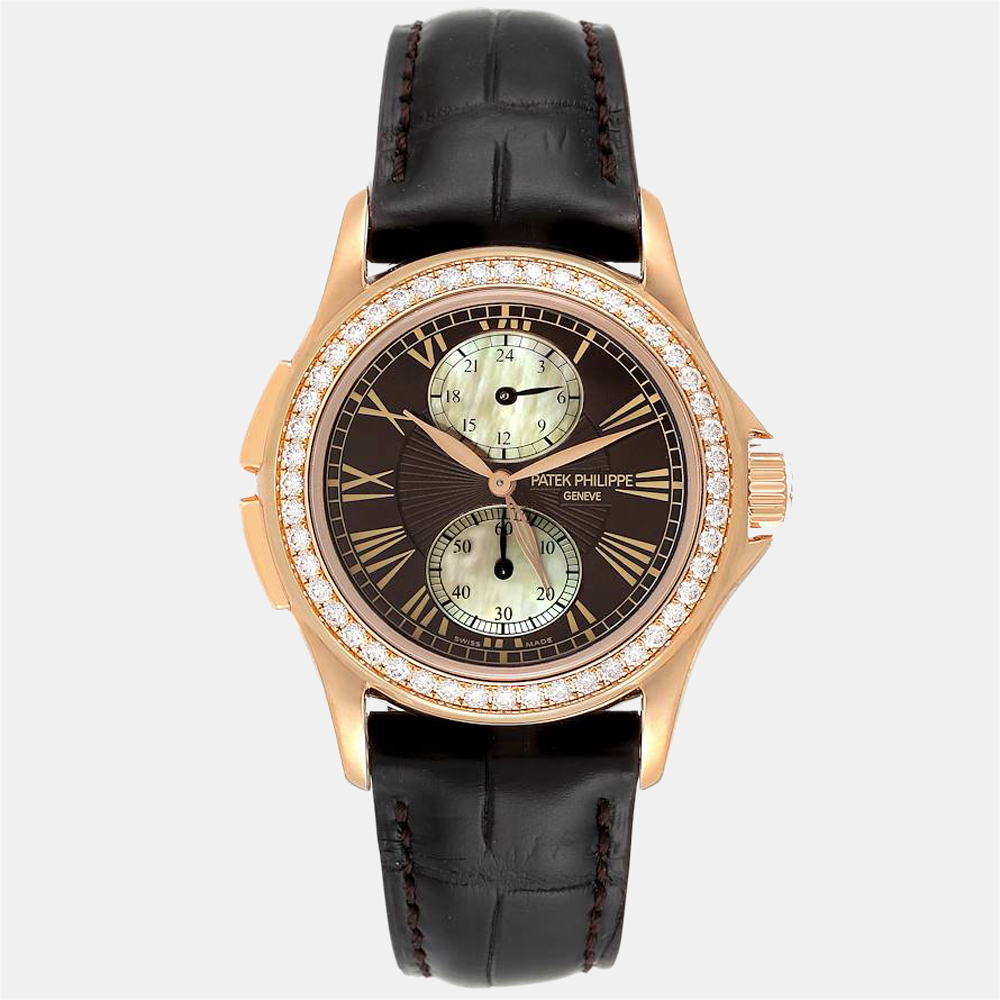 Patek Philippe Brown Diamonds 18K Rose Gold Calatrava Travel Time  4934 Women's Wristwatch 35 Mm