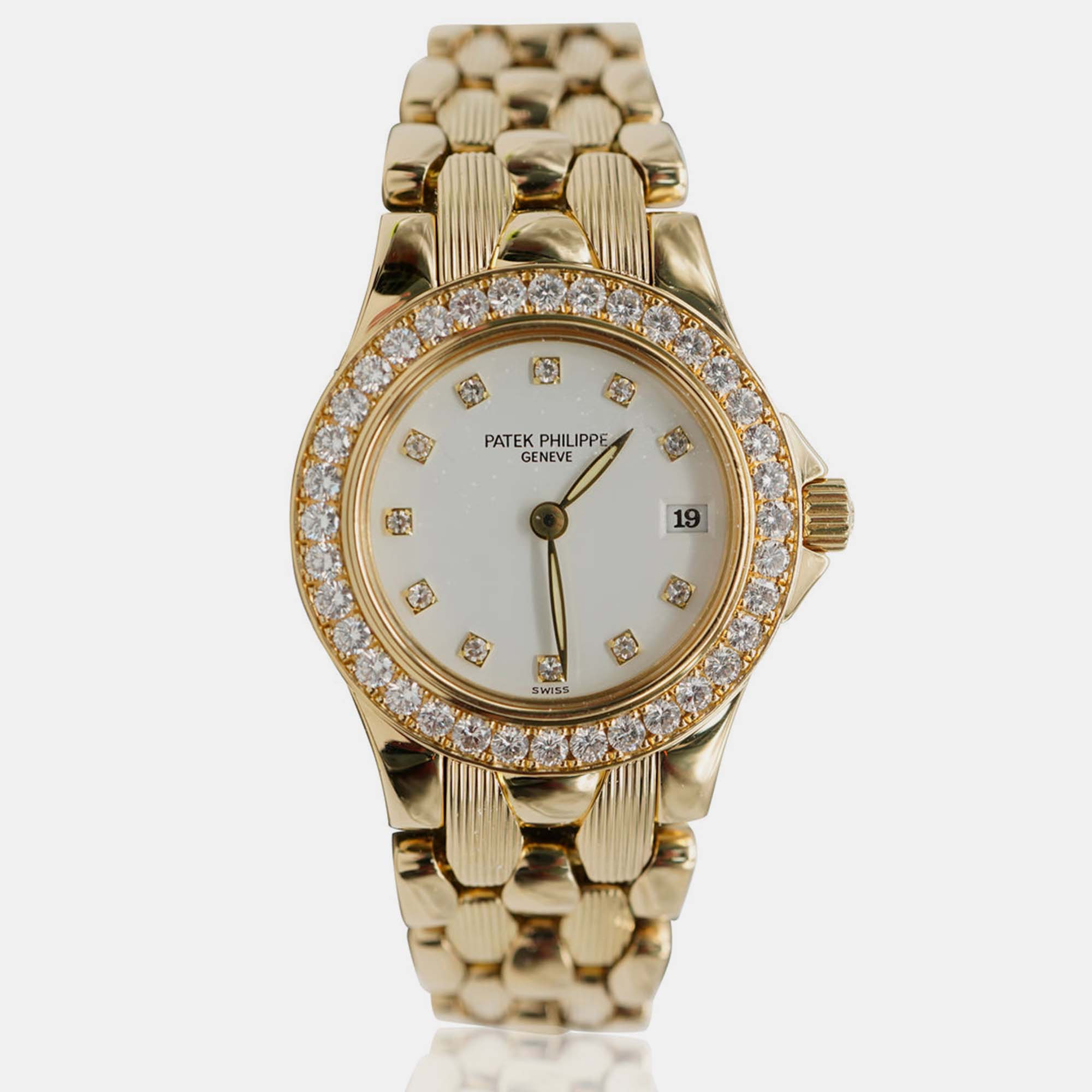 Patek philippe white diamond 18k yellow gold neptune quartz women's wristwatch 26 mm