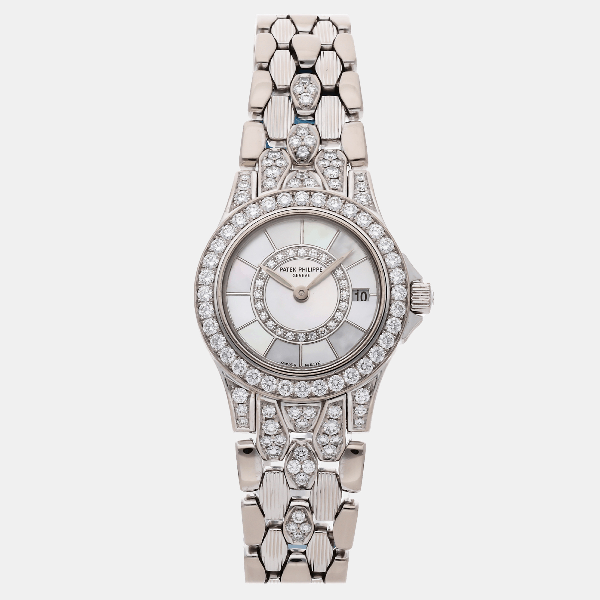 Patek philippe white mother of pearl 18k white gold  neptune 4881/120g-001 quartz women's wristwatch 26 mm