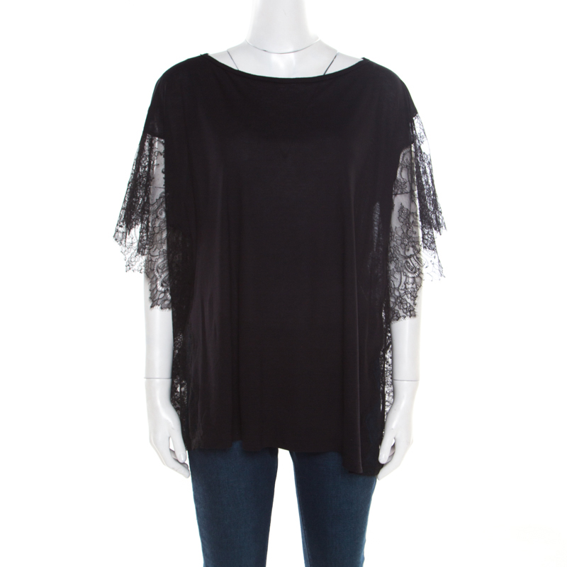 Paul & Joe Black Melange Knit Lace Paneled Kimono Sleeve Oversized Top S