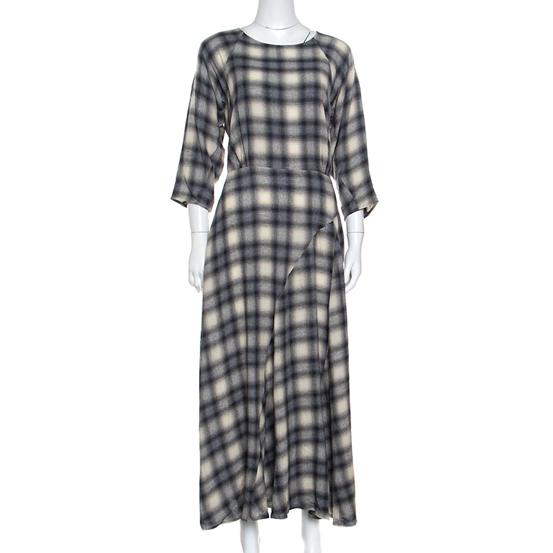 Image of Paul and Joe Grey and Off White Tartan Plaid Long Sleeve Dress M