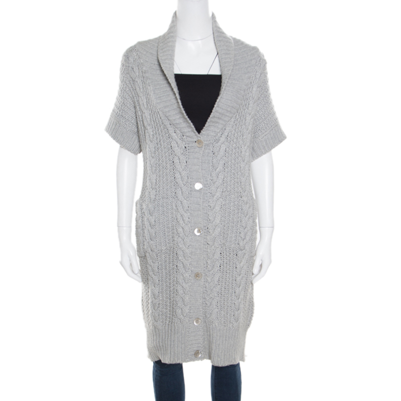 Image of Paul & Joe Grey Chunky Knit Short Sleeve Long Cardigan L