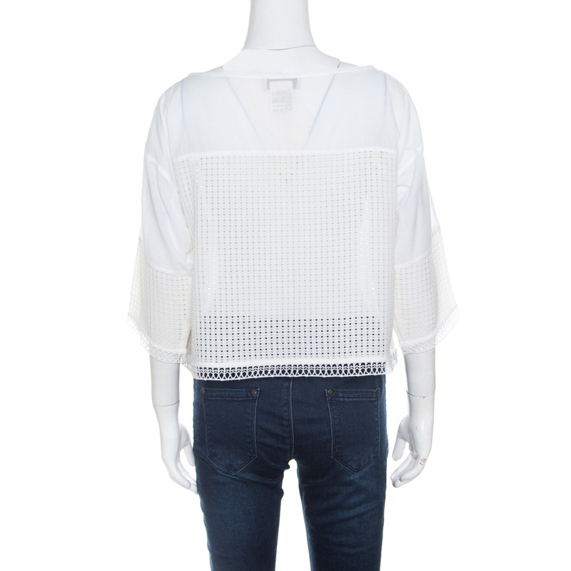 Paul And Joe White Cotton Mesh Panel Detail Cropped Top S