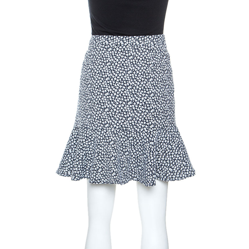 Paul And Joe Navy And White Floral Knit Cotton Blend Ruffle Hem Skirt M