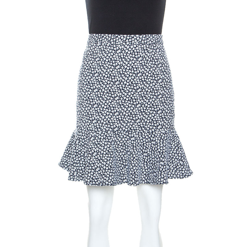 

Paul and Joe Navy and White Floral Knit Cotton Blend Ruffle Hem Skirt, Orange