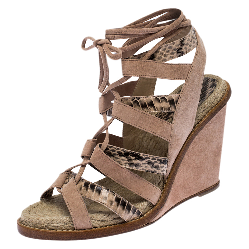 Image of Paul Andrew Multicolor Suede And Python Leather Lace Up Wedge Sandals Size