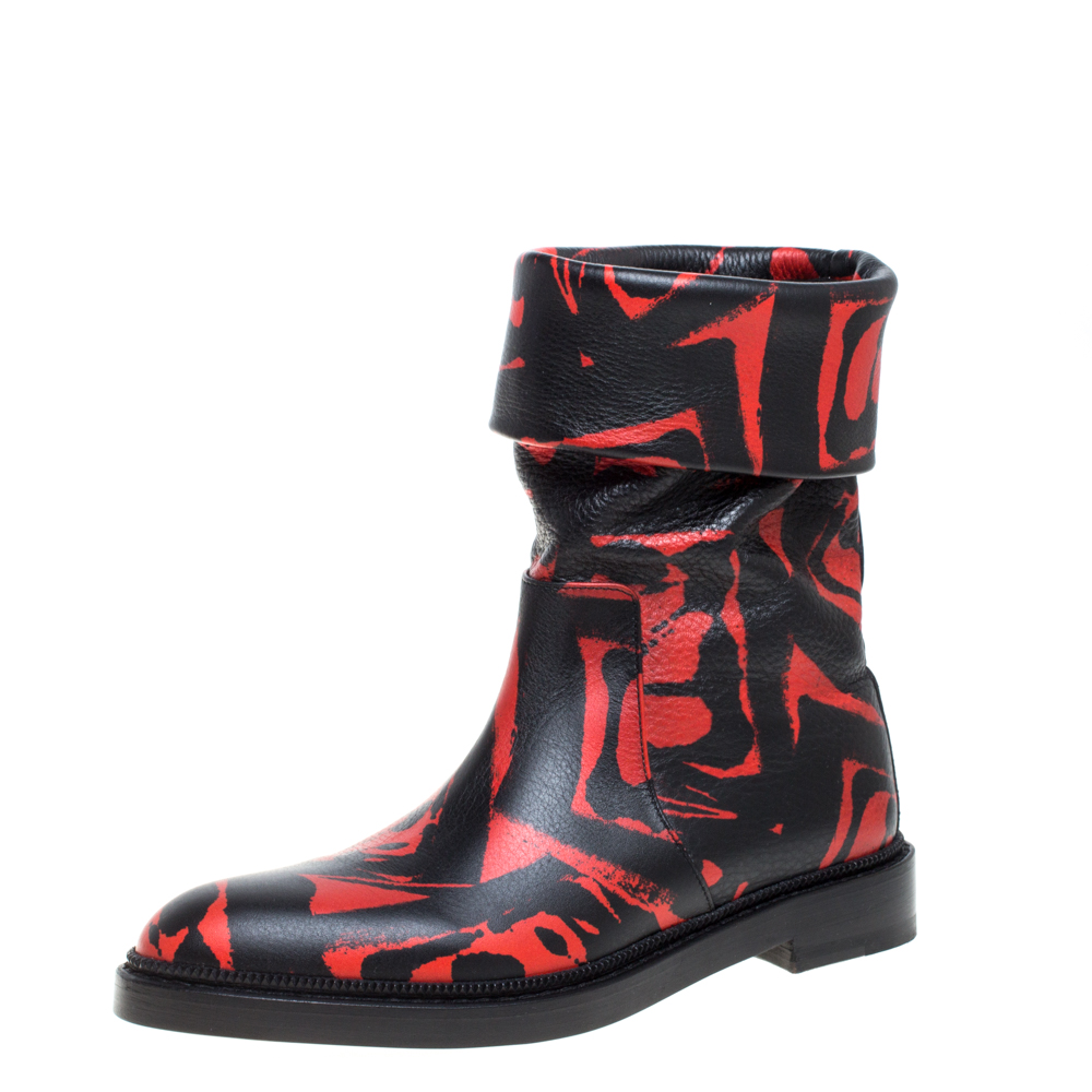 Image of Paul Andrew Black/Red Printed Leather Rian Ankle Boots Size