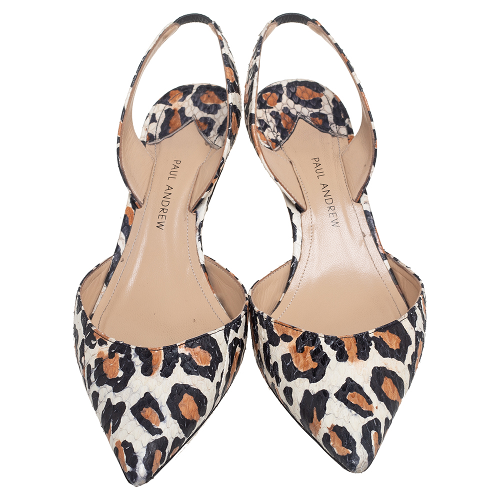 Paul Andrew Multicolor Leopard Print Snakeskin Leather Slingback Sandals Size 38