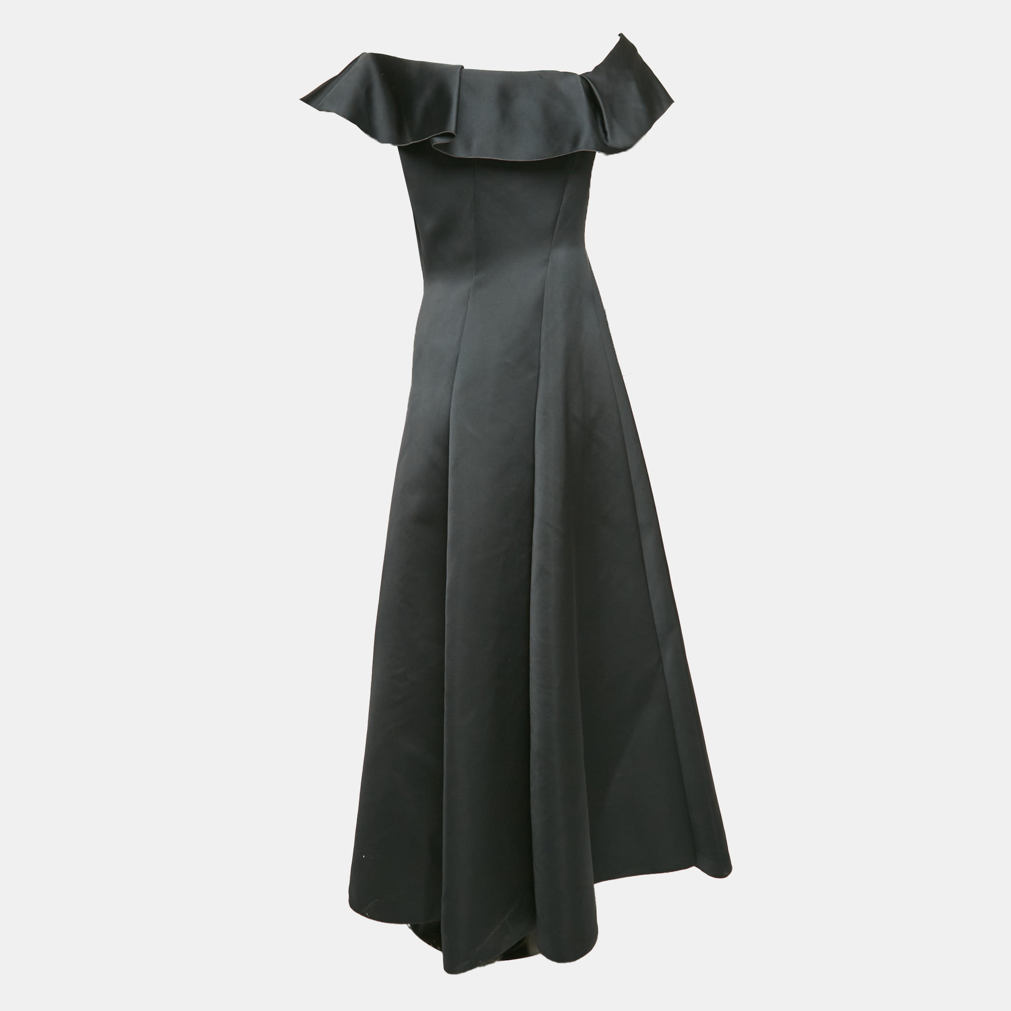 Paul Ka Black Paneled Satin Ruffle Detail Gown M