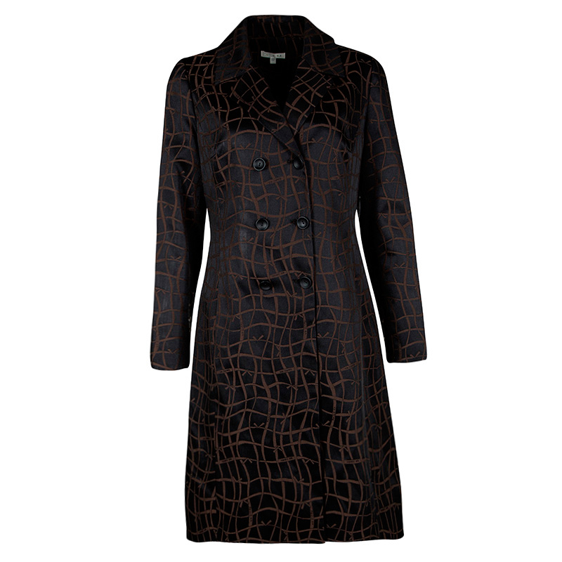 Image of Paule Ka Black and Brown Jacquard Logo Detail Double Breasted Coat L