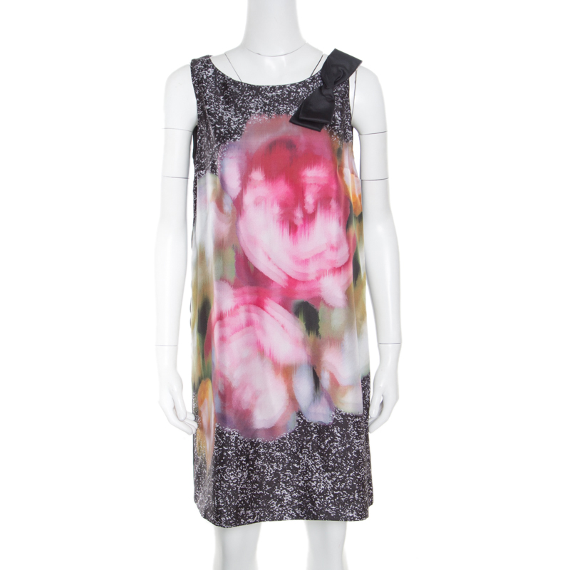 Image of Paule Ka Multicolor Printed Silk Bow Detail Sleeveless Dress M